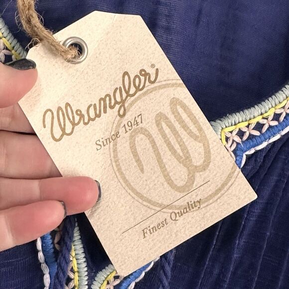 Wrangler Top Shirt L French Navy Embroidered Tassel Rayon Pintuck Boho Blue NEW - Picture 5 of 8